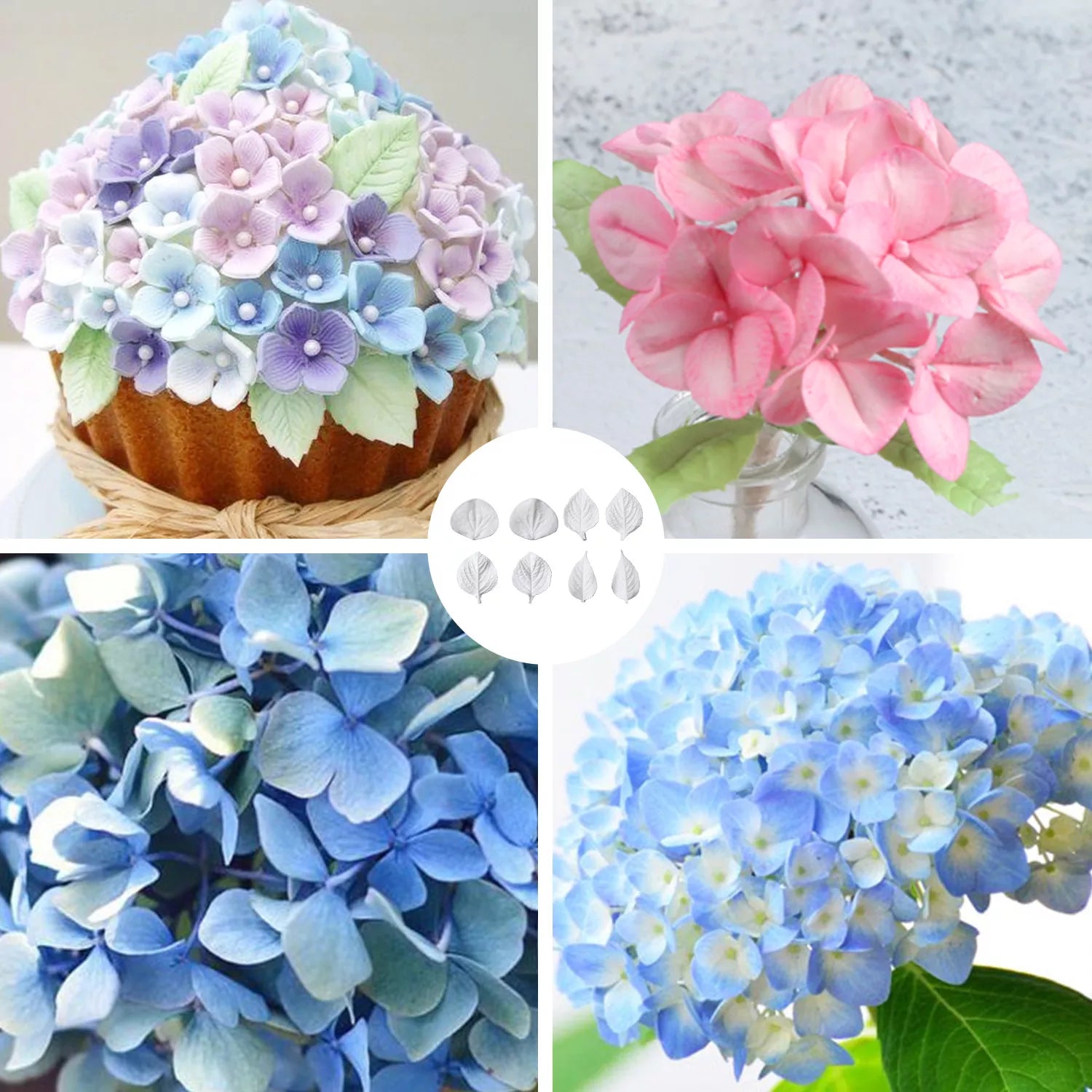 Realistic Hydrangea and Leaf Sugar Paste Cutting And Embossing Silicone Mold Set