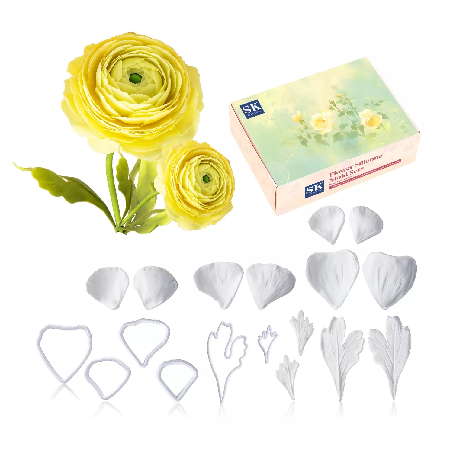 Realistic Ranunculus Leaf Sugar Paste Cutting And Embossing Silicone Mold Set