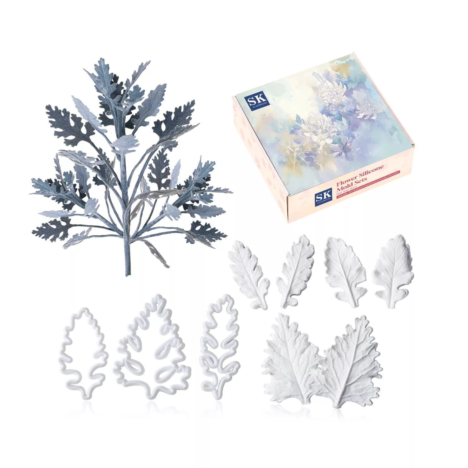 Realistic Dusty Miller Leaf Sugar Paste Cutting And Embossing Silicone Mold Set