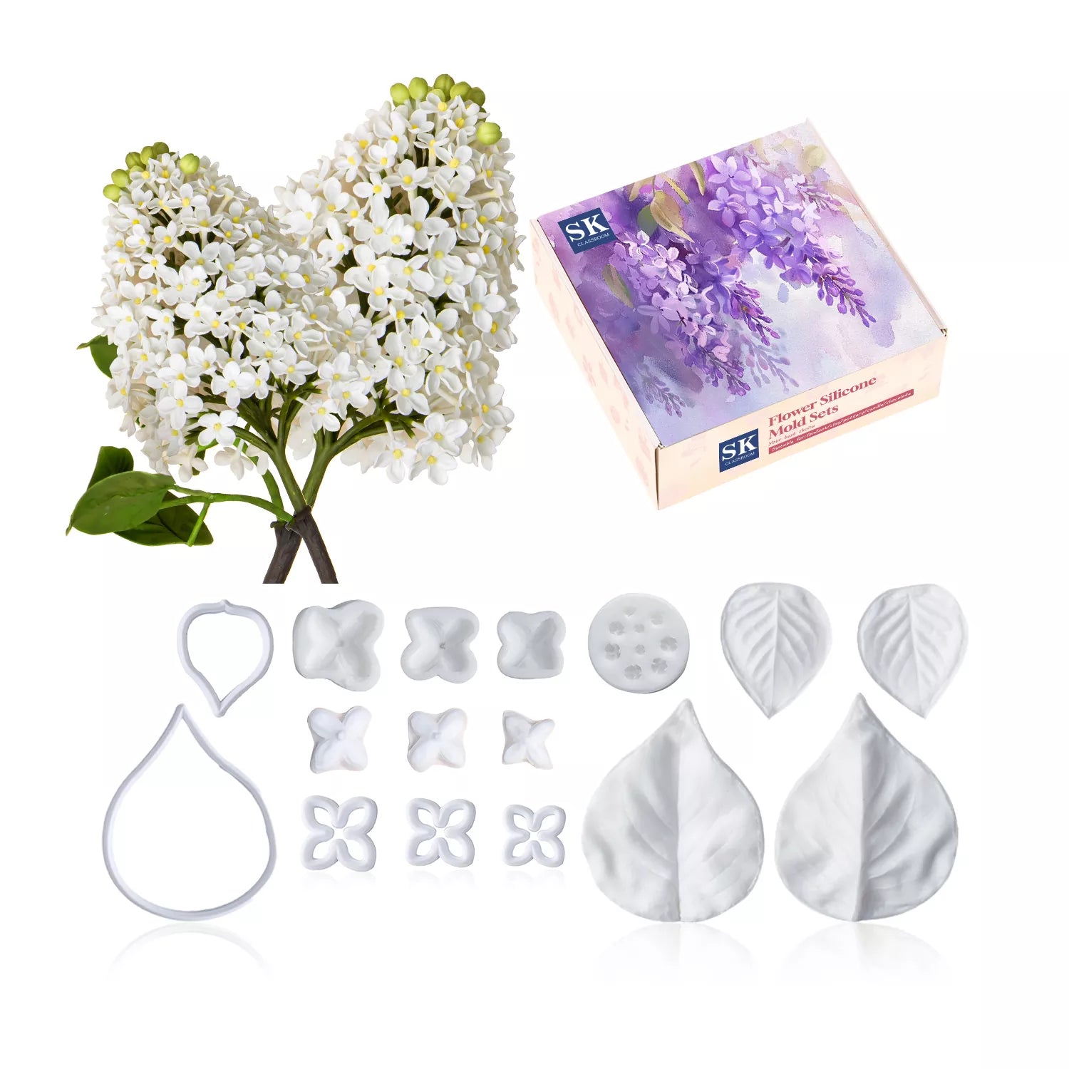 Realistic Lilac Petal and Leaf Sugar Paste Cutting And Embossing Silicone Mold Set