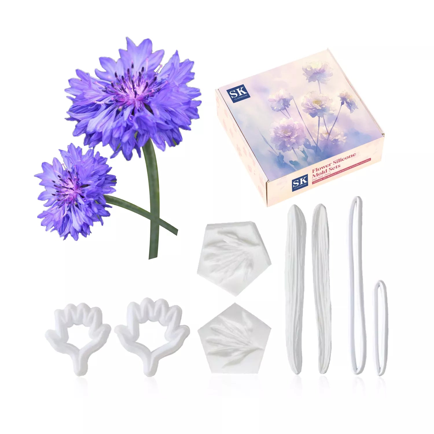 Realistic Cornflower Petal and Leaf Sugar Paste Cutting And Embossing Silicone Mold Set